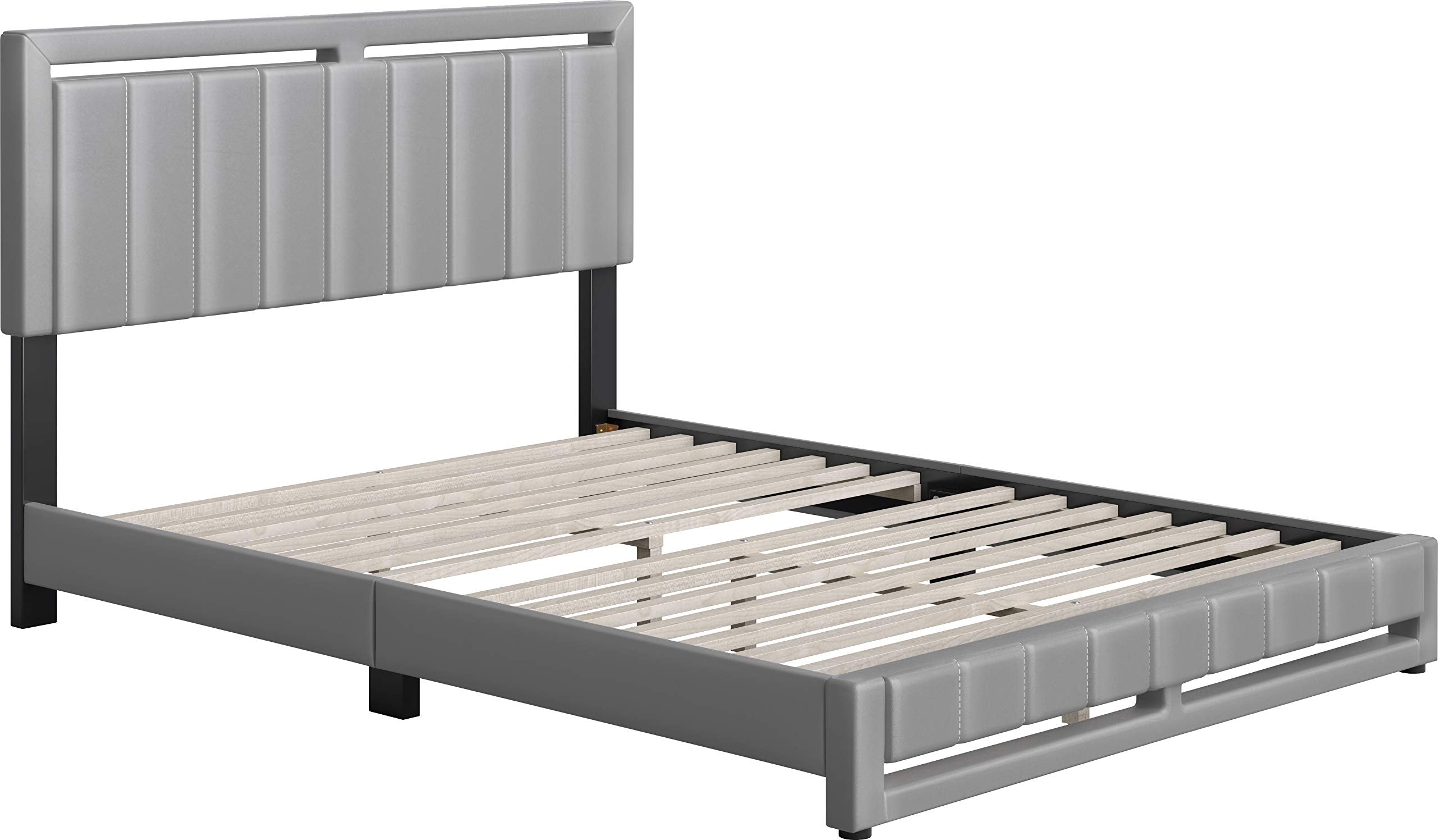 Boyd Sleep Beaumont Upholstered Platform Bed with Headboard, Mattress Foundation with Strong 14 Wood Slat Supports, No Box Spring Required, Gray Faux Leather, Size Queen